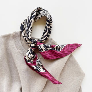 Black Beige Leafy Silk Scarf - 65cm Double-Sided Print Bandana Scarf with Hand-Rolled Edges