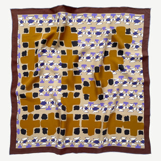 Unisex silk square scarf 65x65cm with geometric abstract pattern in earthy tones and hand-rolled edges