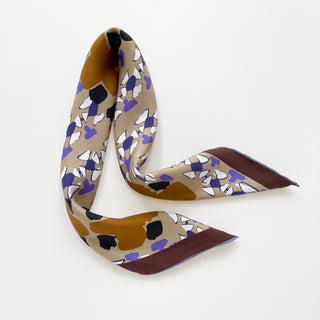 Unisex silk square scarf 65x65cm with geometric abstract pattern in earthy tones and hand-rolled edges