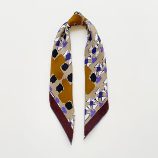 Unisex silk square scarf 65x65cm with geometric abstract pattern in earthy tones and hand-rolled edges