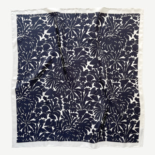 Black floral silk scarf with ice white border, 65x65cm square, hand-rolled edges.