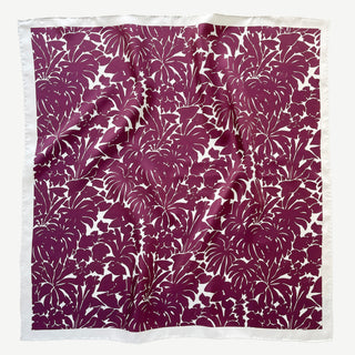 Burgundy floral silk scarf with white border, 65x65cm square, hand-rolled edges.