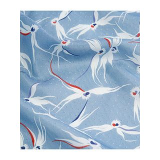 Stylised bird print scarves in sky blue, made from 30% silk and 70% organic cotton.