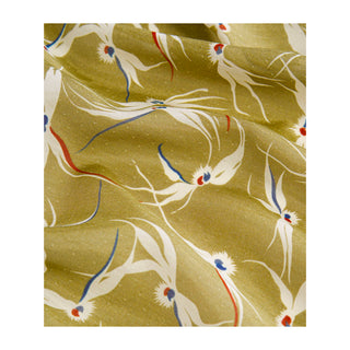 Stylised bird print scarves in olive, made from 30% silk and 70% organic cotton.