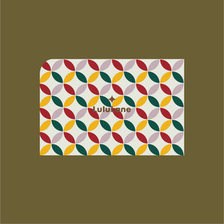 LuluLane digital gift card featuring a colorful geometric pattern with red, pink, yellow, and green circular shapes on a cream background