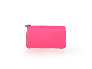 Bright pink recycled RPET small zipper wallet with clean piping edge and decorative button, perfect for cards, coins and small essentials