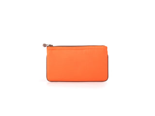 Bright orange recycled RPET small zipper wallet with decorative handmade button pull, displaying clean piping edge detail against white background.
