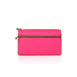 Bright neon pink recycled double zipper wallet with brown trim, featuring two compartments and decorative button zipper pulls, shown closed