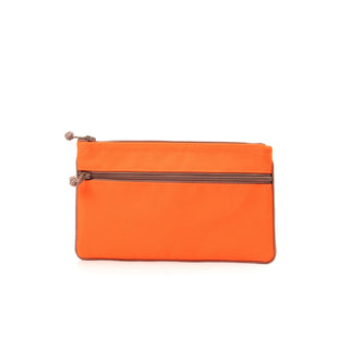 Bright neon orange recycled double zipper wallet with sleek rectangular design, piping trim, and distinctive pull tabs against white background.