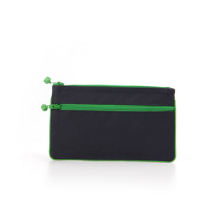 Black recycled double zipper wallet with bright green zippers and trim, featuring knotted zipper pulls and piping detail, shown against white background