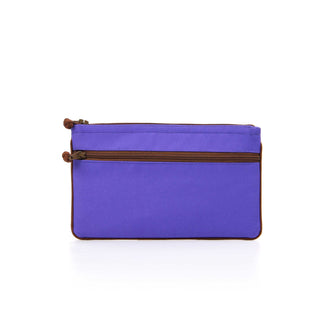 Purple recycled double zipper wallet with brown trim, featuring two compartments with YKK zippers and piping detail, shown flat against white background