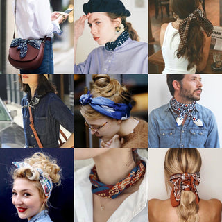 Collage showing various ways to style silk bandanas - as neck accessories, hair ties, bag accessories, and headbands in different patterns and colors.