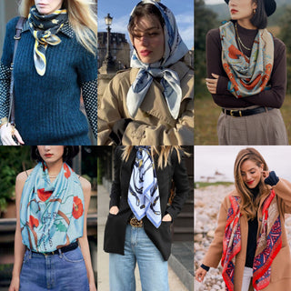 Collage of six women styling luxury silk scarves in various ways - neck ties, head wraps, and draped styles showcasing elegant patterns and colors.