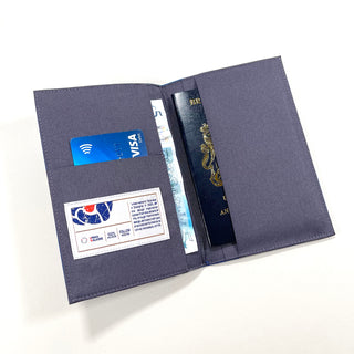 Open navy blue recycled passport holder displaying interior pockets with passport, Visa card, and currency, showing minimalist design and eco-friendly RPET material