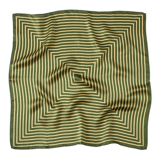 Moss green silk bandana with concentric square maze pattern in gold, displayed flat showing its geometric design and luxurious sheen.