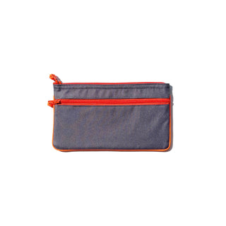 Recycled double zipper wallet in gray fabric with bright orange zippers and trim, featuring two compartments and sustainable RPET construction