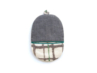 Handmade linen oven mitt with charcoal herringbone pattern top and cream plaid bottom, featuring teal piping trim and hanging loop
