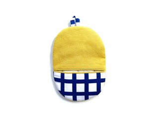 Handmade linen oven mitt with bright yellow upper portion and blue and white checkered bottom pattern, featuring a small hanging loop at top