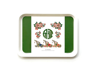 Forest green vintage melamine tray featuring Chinese character design with coral flowers, green borders, and colorful vintage crane trucks, rectangular shape