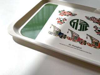 Forest green melamine tray with vintage Chinese design featuring colorful flowers, decorative vehicles, and traditional character, labeled 'de shanghai'