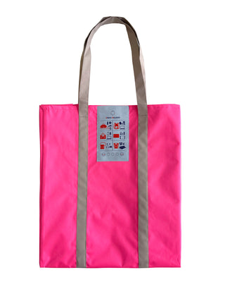 Bright pink recycled large tote bag with gray handles and trim, featuring a central label with Urban Walkers logo and icons. Lightweight, water-resistant design.