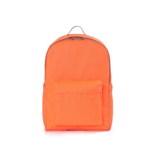 Bright orange waterproof backpack with purple piping trim, front pocket, and top handle, made from eco-friendly RPET material