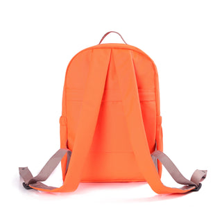 Bright orange recycled RPET backpack shown from back view with adjustable gray shoulder straps and top handle against white background