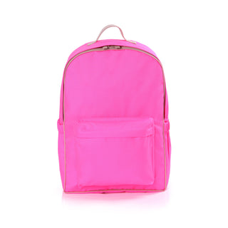 Bright pink RPET waterproof backpack with gold piping trim, front pocket, and top handle, featuring a minimalist classic design