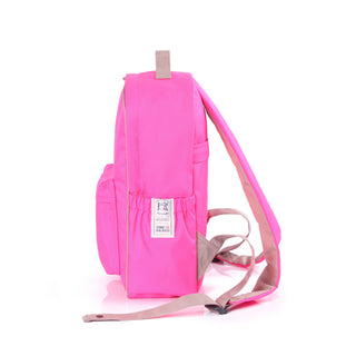 Bright pink recycled RPET backpack with beige straps, side view showing water bottle pocket and brand label, featuring piping trim detail.