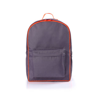 Gray RPET backpack with distinctive orange piping trim, front pocket, and top handle, showcasing the stylish eco-friendly design against a white background.