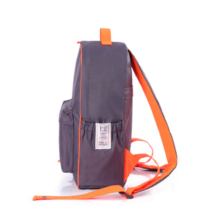 Side view of gray RPET waterproof backpack with bright orange straps, showing elastic side pocket and brand label, featuring 1mm piping detail