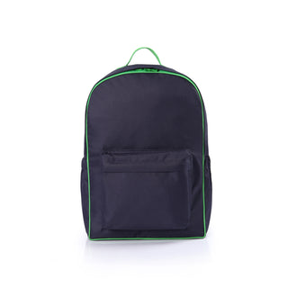 Navy blue backpack with bright green piping trim and handle, featuring a front zippered pocket and classic minimalist design made from RPET material