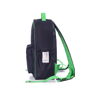 Navy blue eco-friendly backpack with bright green straps and piping detail, featuring side pockets and brand tag, shown from side angle