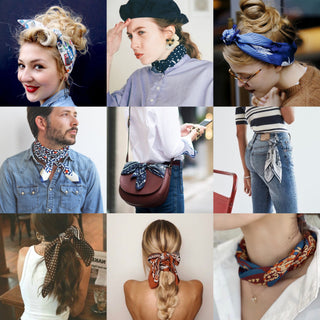 Collage of versatile styling options for indigo blue houndstooth silk bandana scarf - worn as headband, neckerchief, hair accessory, and purse accent.