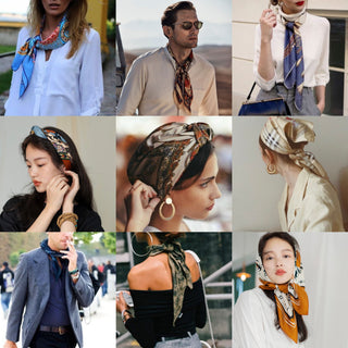 Collage showing various stylish ways to wear silk scarves - as neck accessories, headbands, and hair wraps in different patterns and colors for versatile fashion styling.